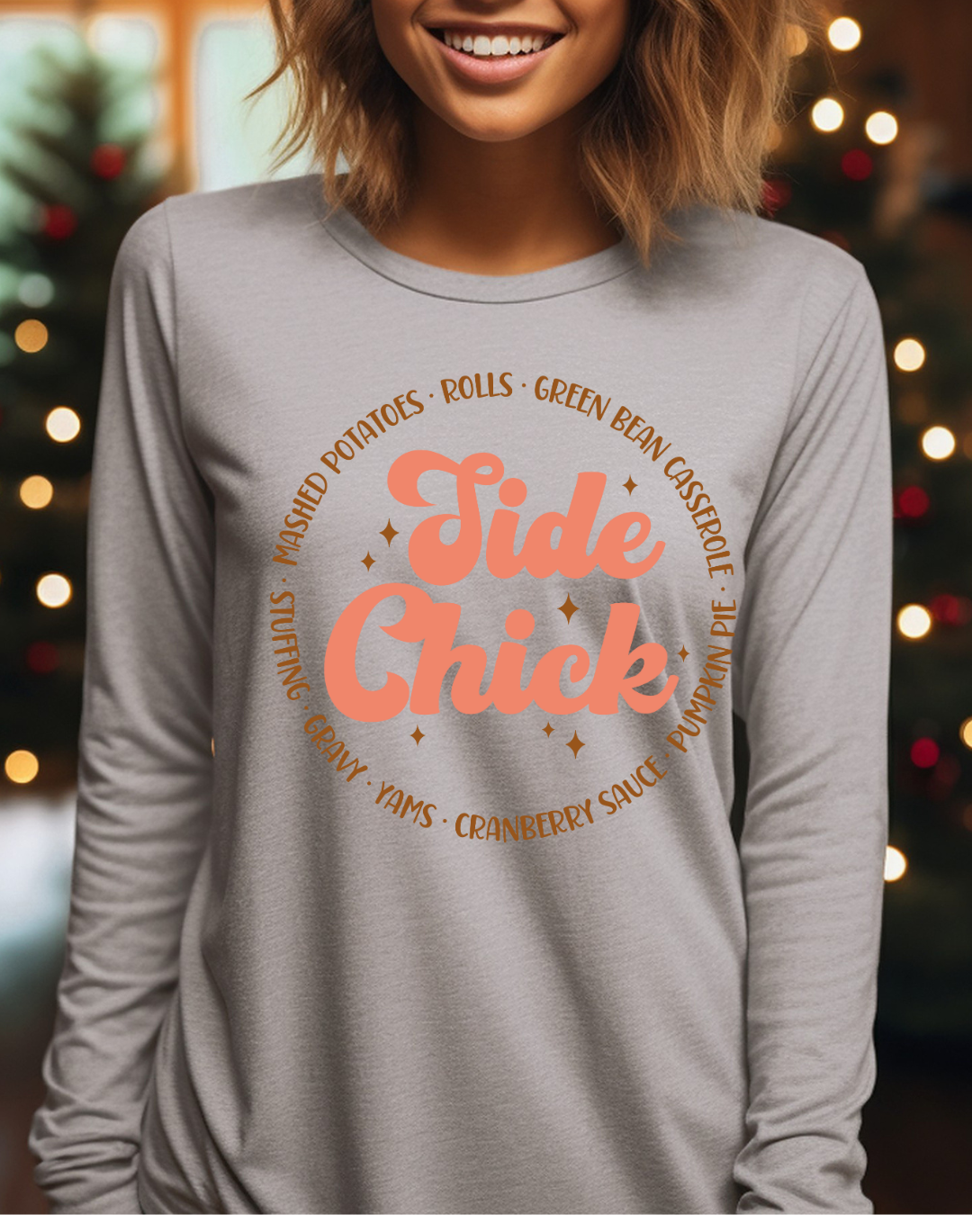Side Chick Thanksgiving Adult Long Sleeve Tee (Orange)