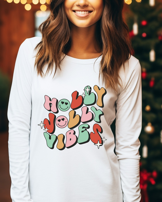Holly Jolly Vibes Christmas Adult Long Sleeve Tee