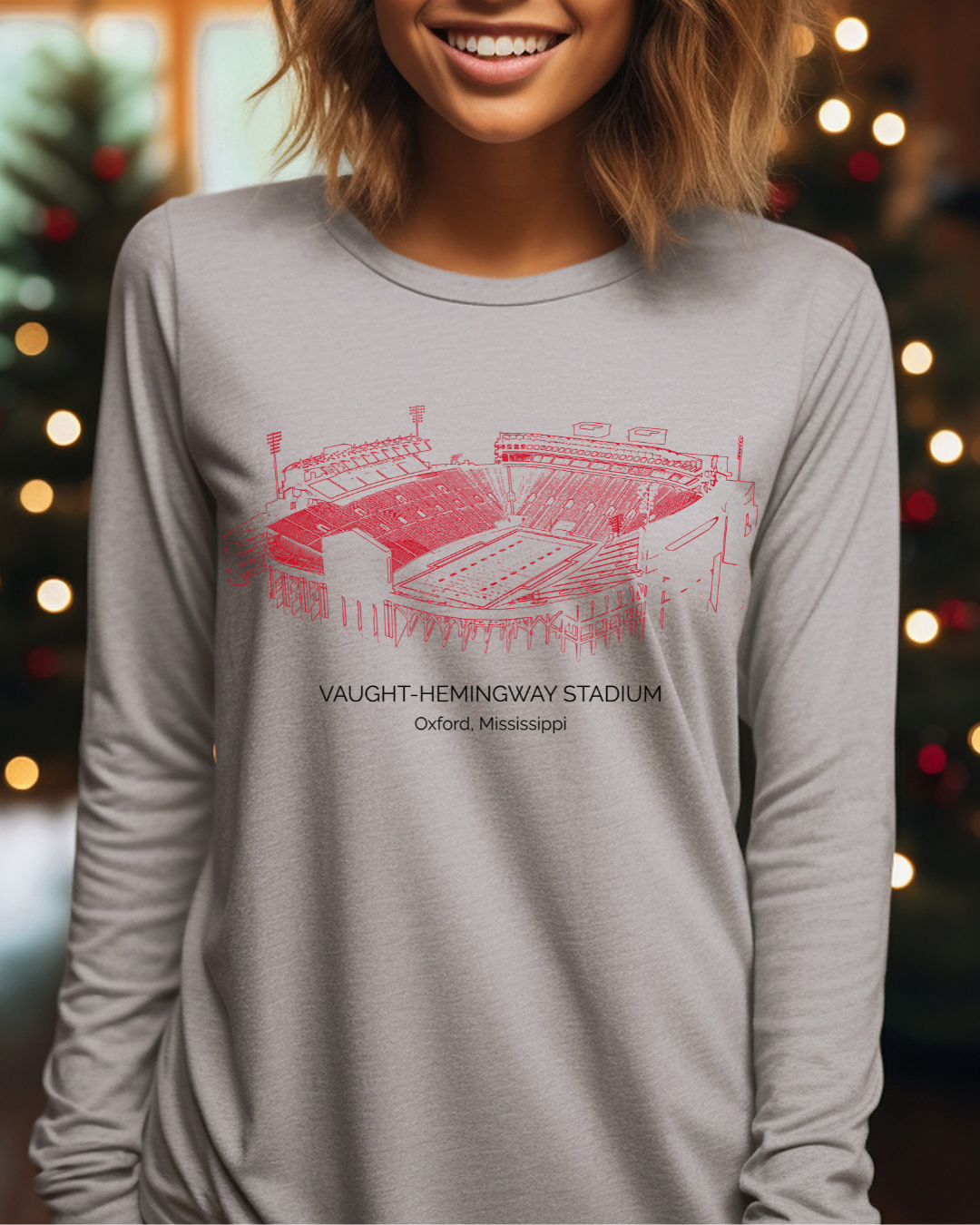 Vaught Hemingway Stadium Mississippi Stadium Adult Long Sleeve Tee (Red)