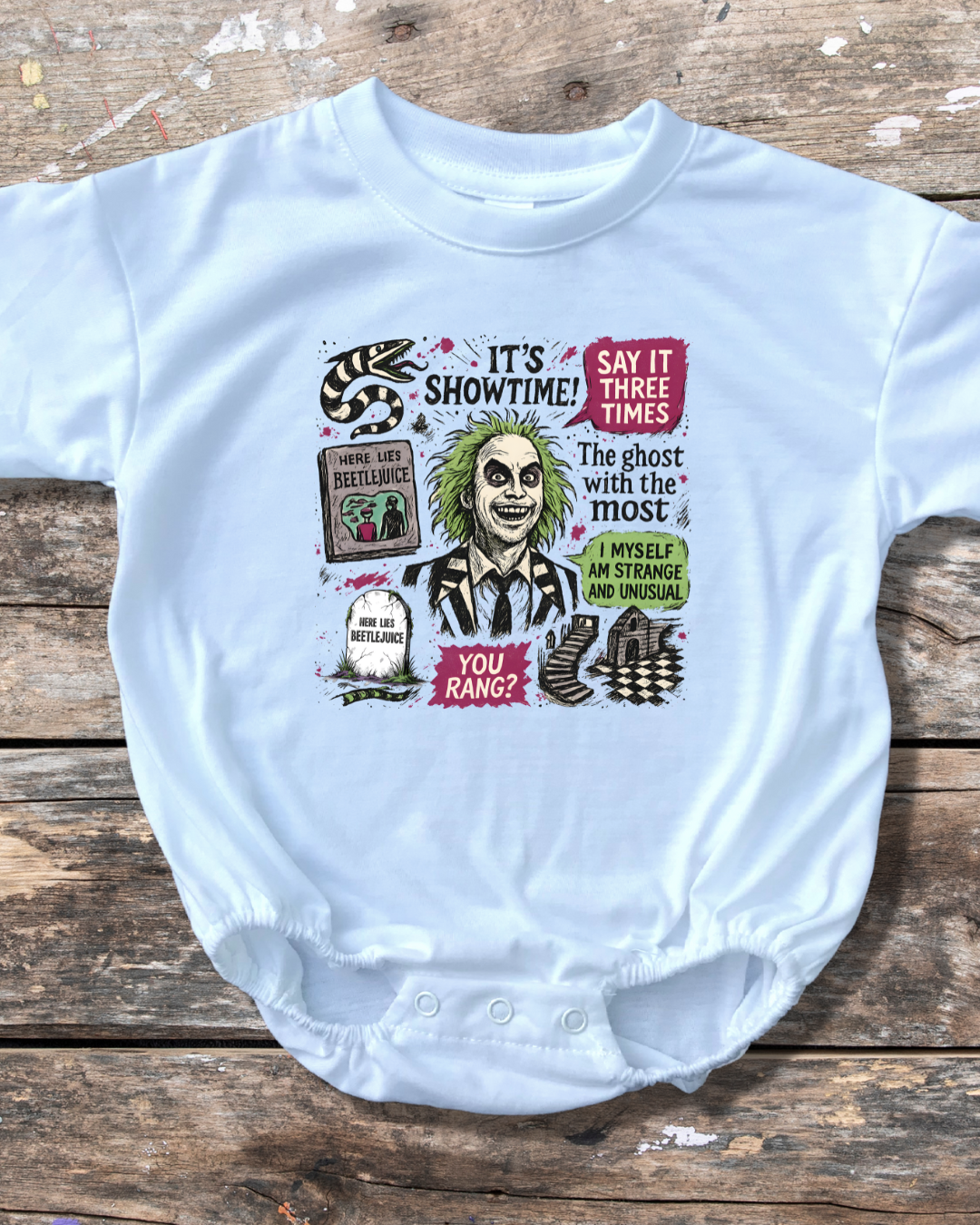 Beetle Juice Collage Baby Bubble Romper
