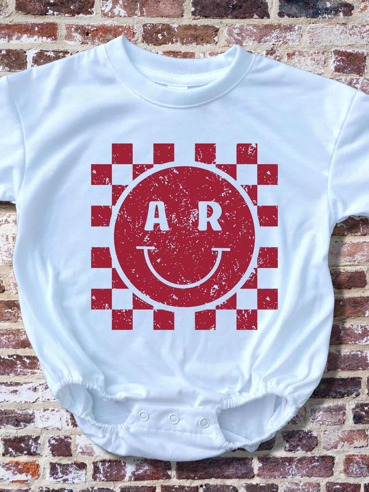 Arkansas Checkerboard Smiley Distressed Baby Bubble Romper