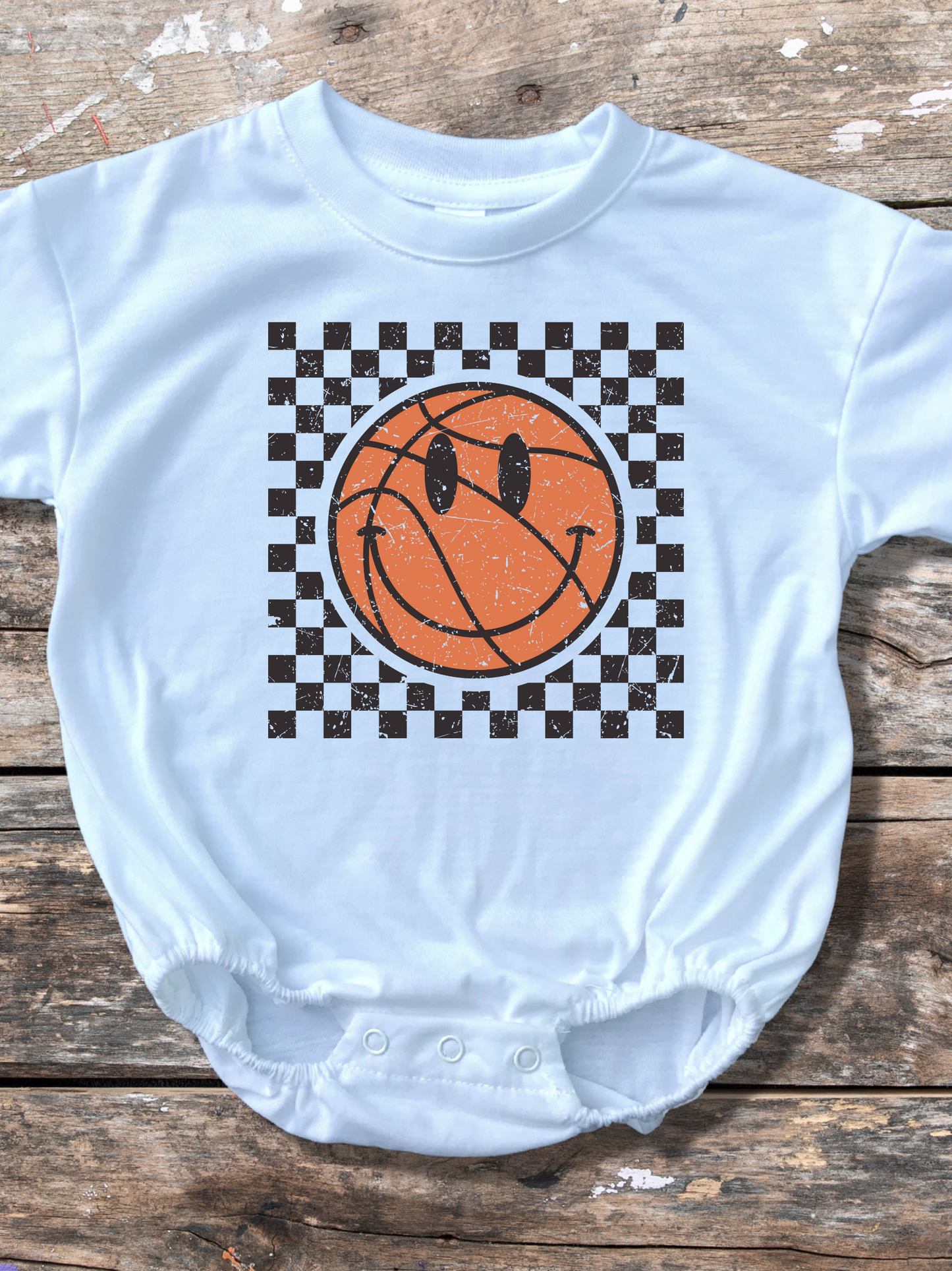 Checkered Distressed Basketball Baby Bubble Romper