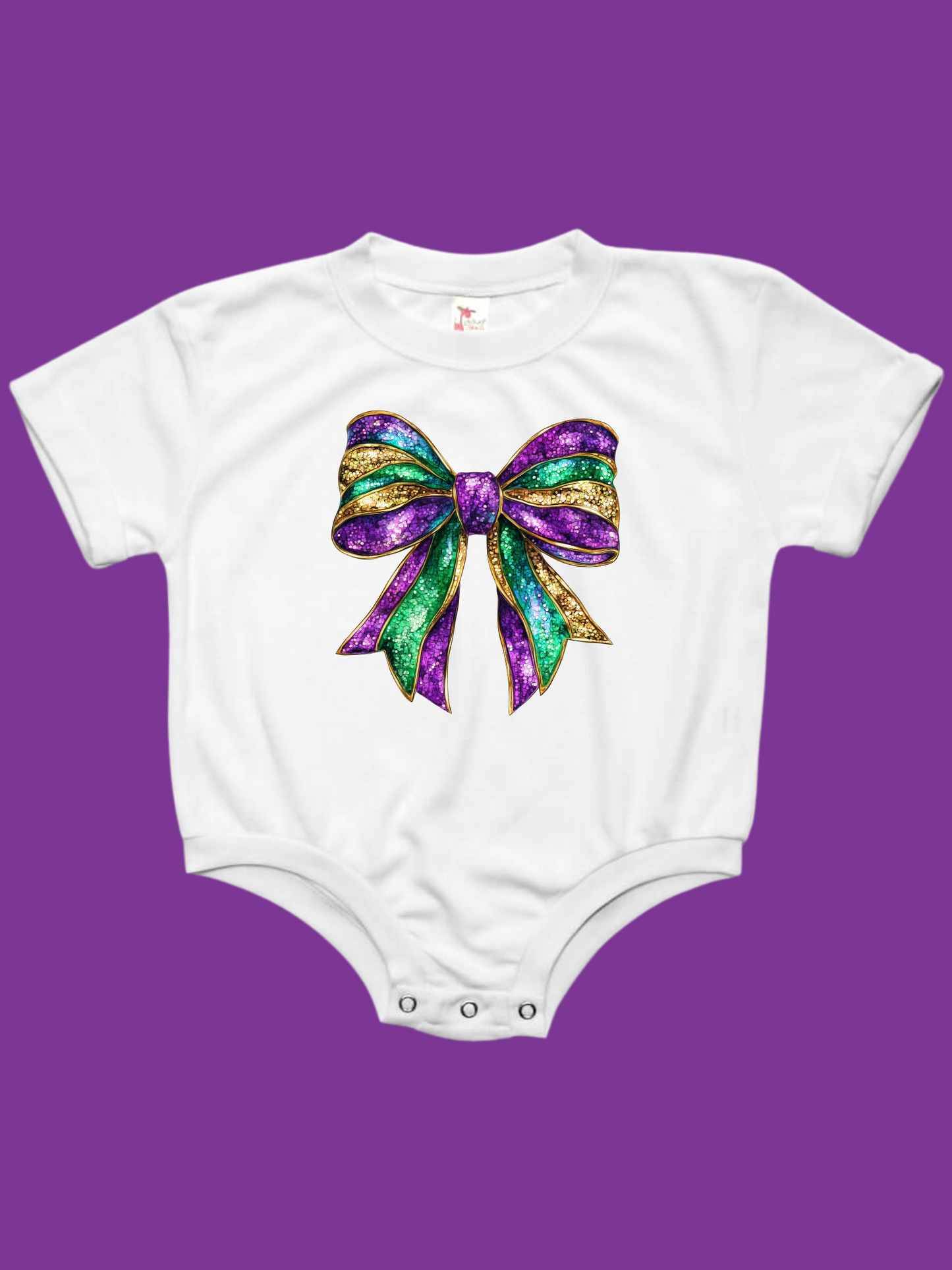 Faux Sparkly Mardi Gras Bow Baby Bubble Romper