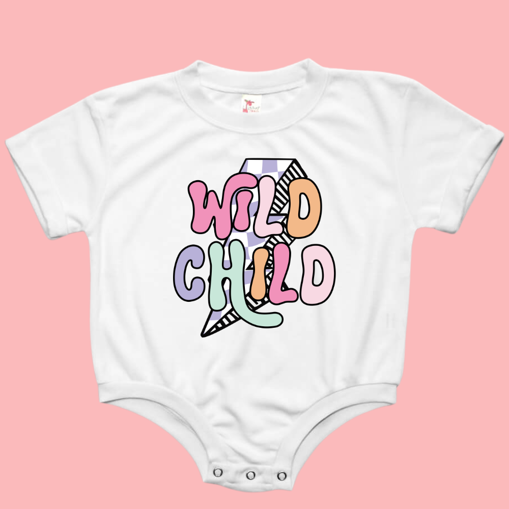 Retro Lightning Bolt Wild Child Baby Bubble Romper