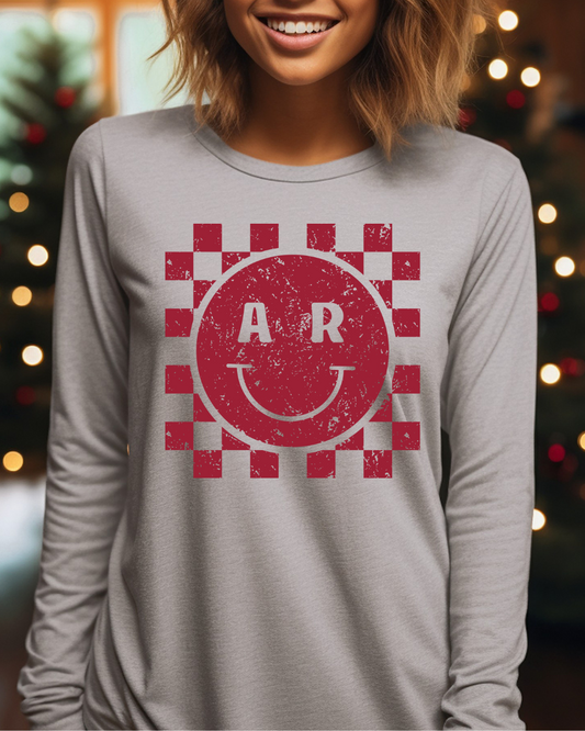 Arkansas Checkered Smiley Adult Long Sleeve Tee