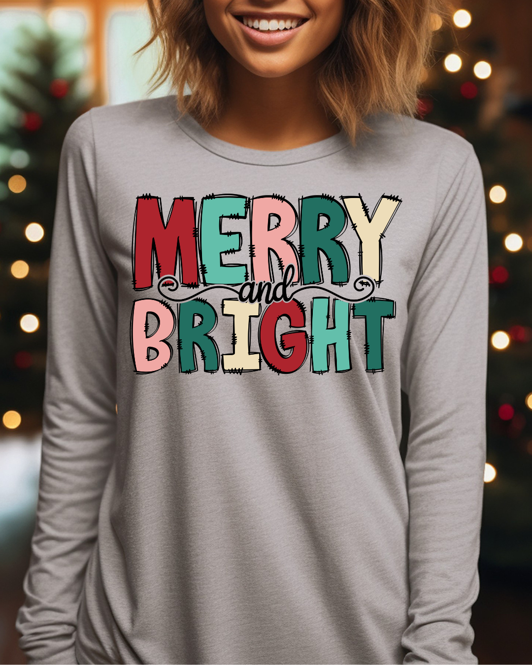 Colorful Merry & Bright Christmas Adult Long Sleeve Tee