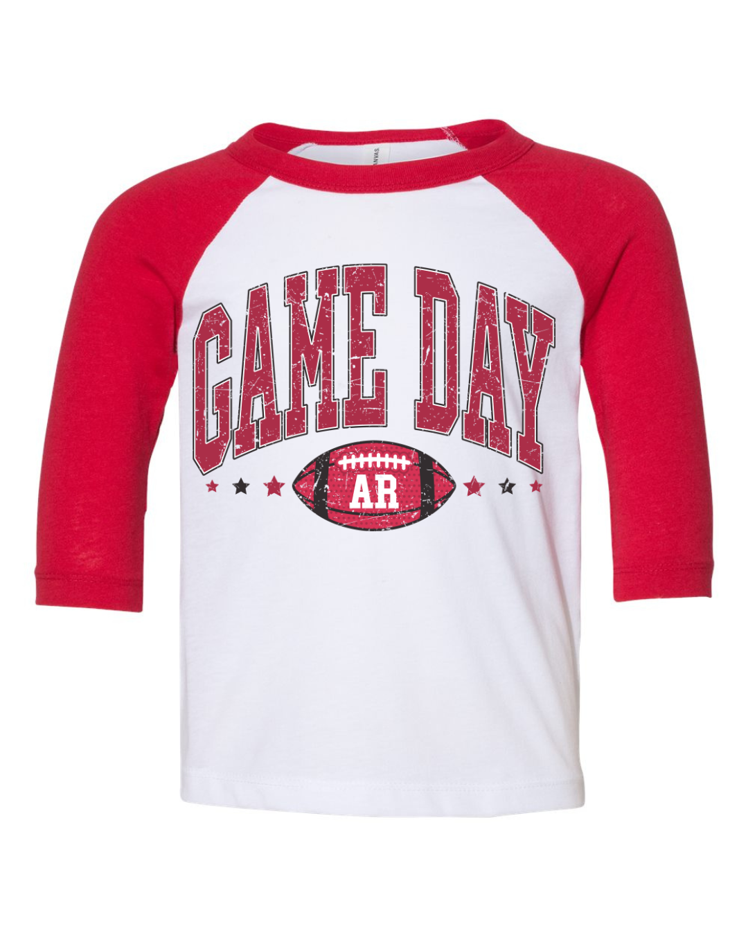 Arkansas Game Day Distressed Football Three Quarter Sleeve Toddler Tee