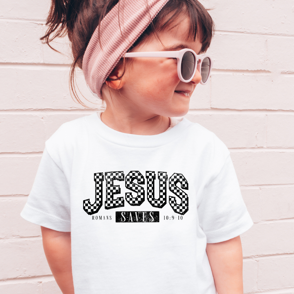 Jesus Saves Checkered Christian Toddler Graphic Tee