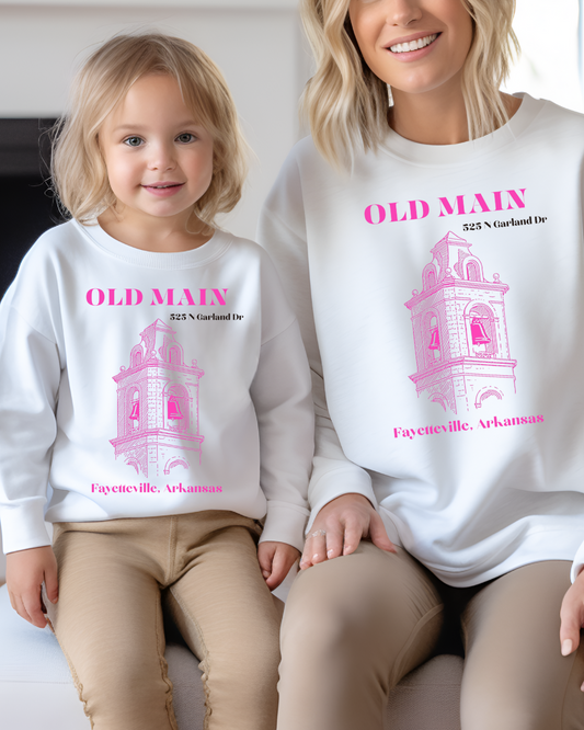 Pink Old Main Arkansas Youth Crewneck Pullover