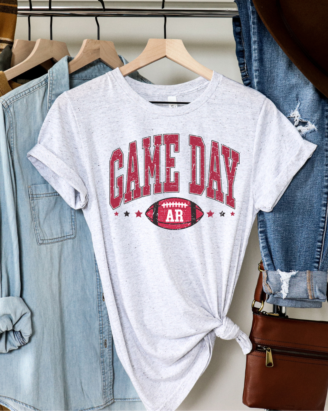 Arkansas Game Day Distressed Football Adult Tee