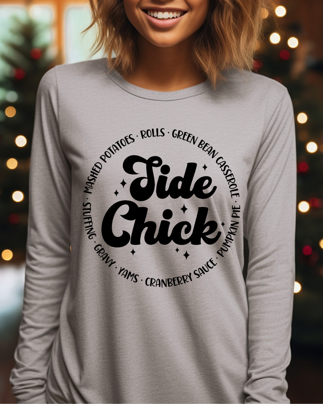 Side Chick Thanksgiving Adult Long Sleeve Tee (Black)