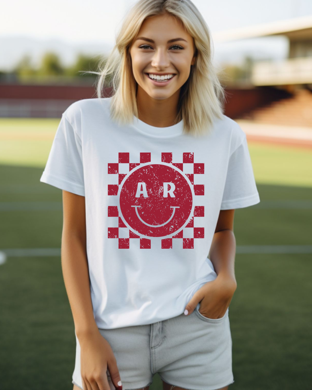 Arkansas Checkered Smiley Adult Tee