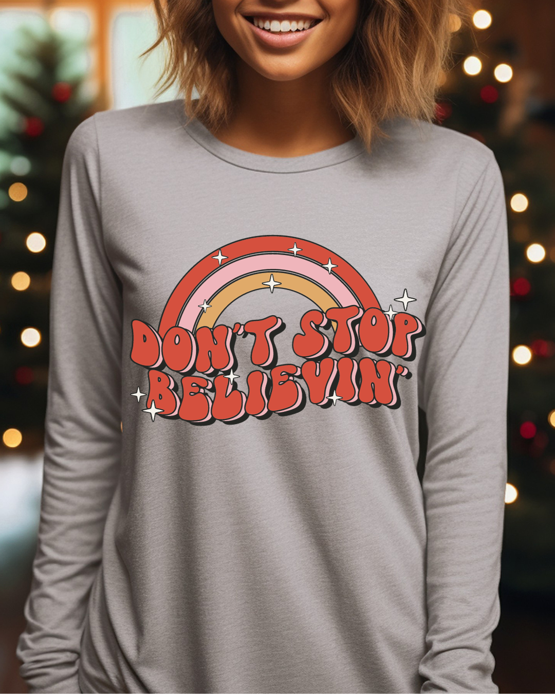 Don't Stop Believing Christmas Adult Long Sleeve Tee