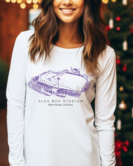 Alex Box Stadium Louisiana Adult Long Sleeve Tee (Purple)