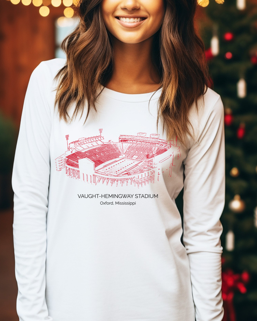 Vaught Hemingway Stadium Mississippi Stadium Adult Long Sleeve Tee (Red)