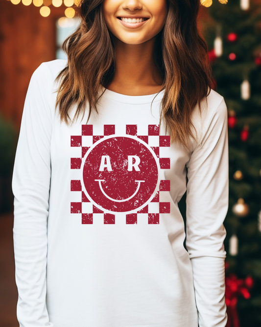 Arkansas Checkered Smiley Adult Long Sleeve Tee