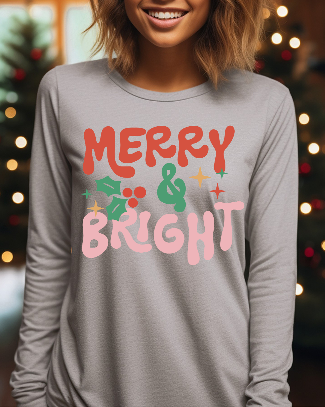 Merry & Bright Mistletoe Christmas Adult Long Sleeve Tee