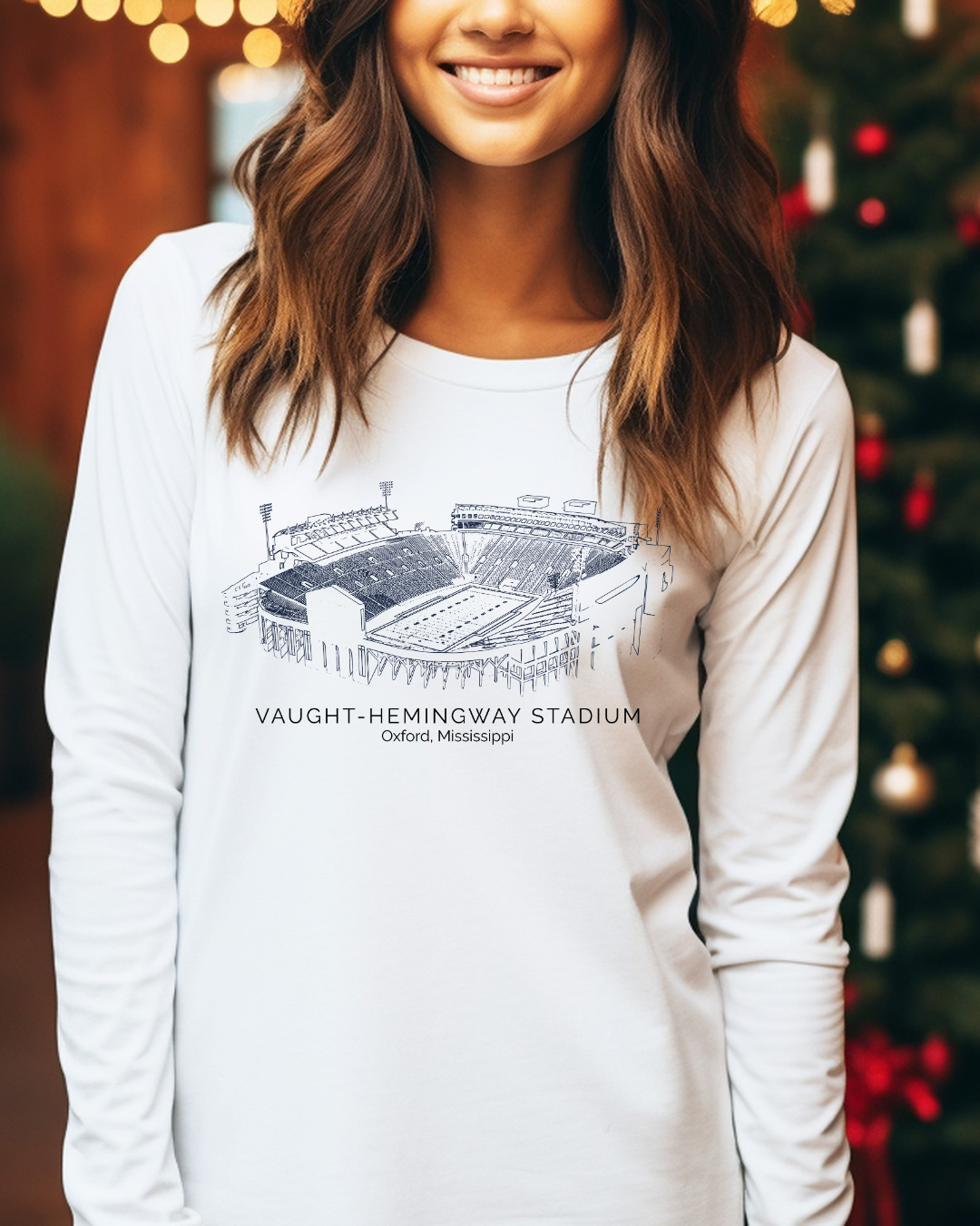 Vaught Hemingway Stadium Mississippi Stadium Adult Long Sleeve Tee (Blue)