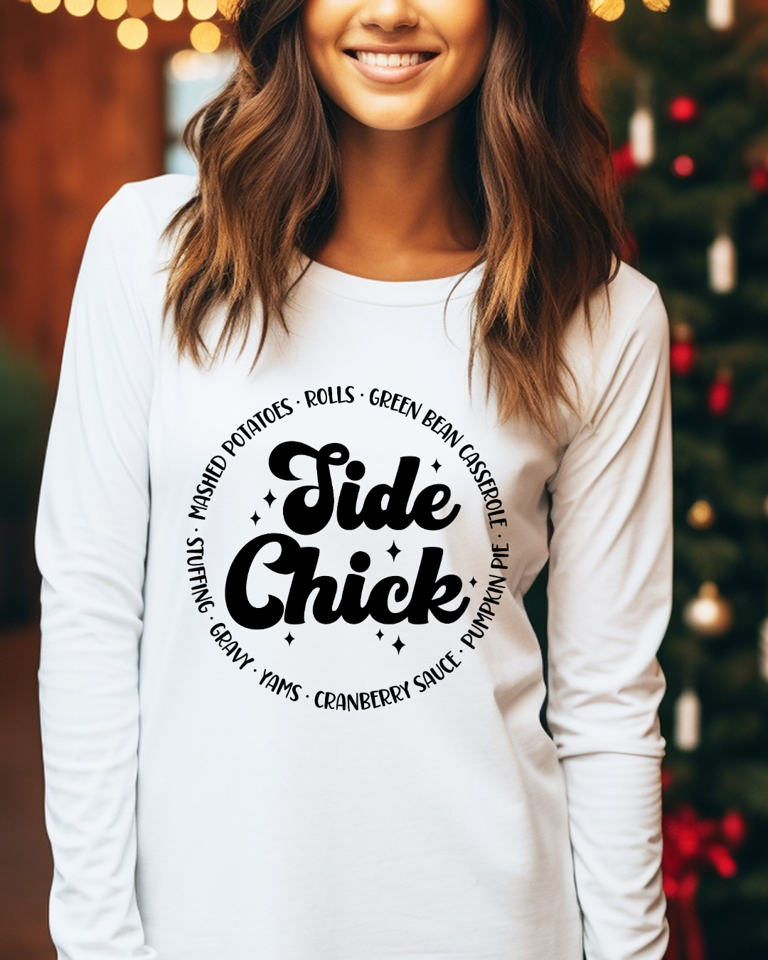 Side Chick Thanksgiving Adult Long Sleeve Tee (Black)