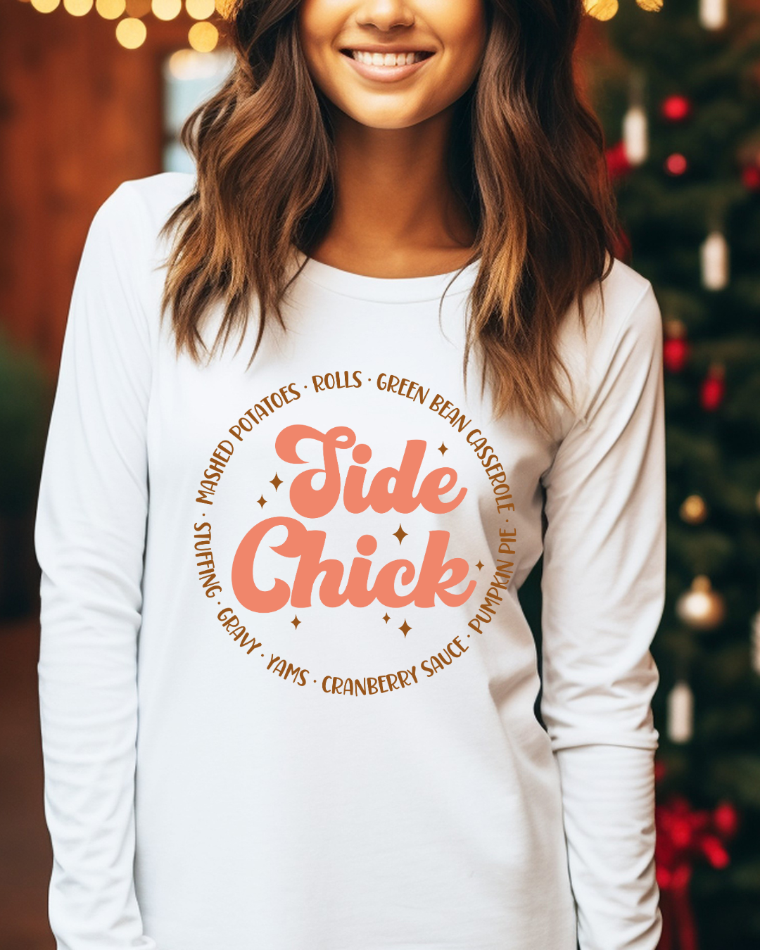 Side Chick Thanksgiving Adult Long Sleeve Tee (Orange)