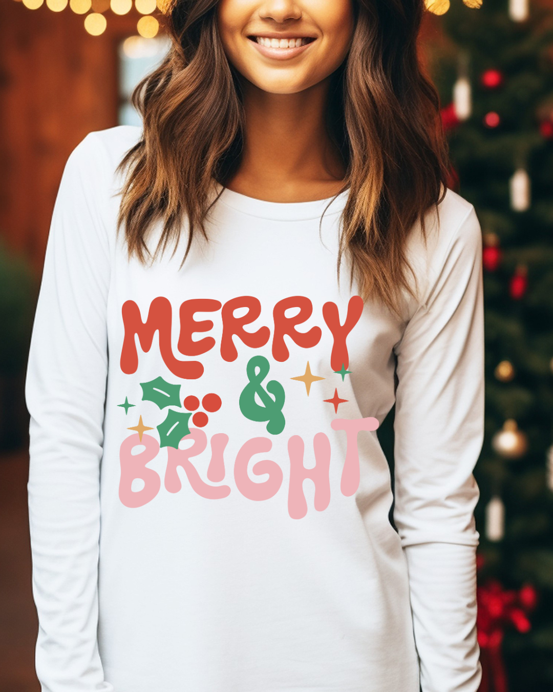 Merry & Bright Mistletoe Christmas Adult Long Sleeve Tee