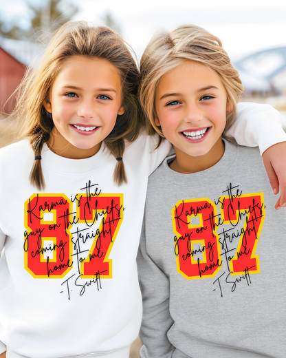 87 Karma Is The Guy On The Chiefs Youth Crewneck Pullover