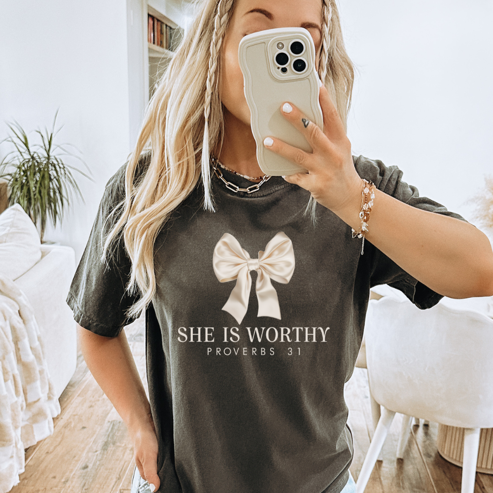 She Is Worthy Coquette Bow Christian Adult Graphic Tee