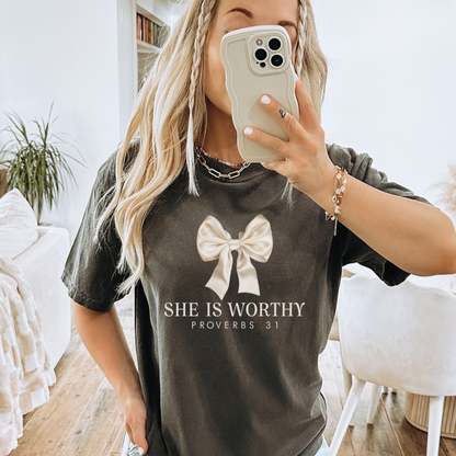 She Is Worthy Coquette Bow Christian Adult Graphic Tee