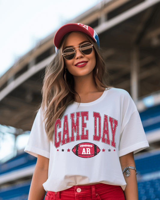 Arkansas Game Day Distressed Football Adult Tee