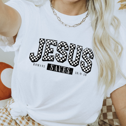 Jesus Saves Checkered Christian Adult Graphic Tee