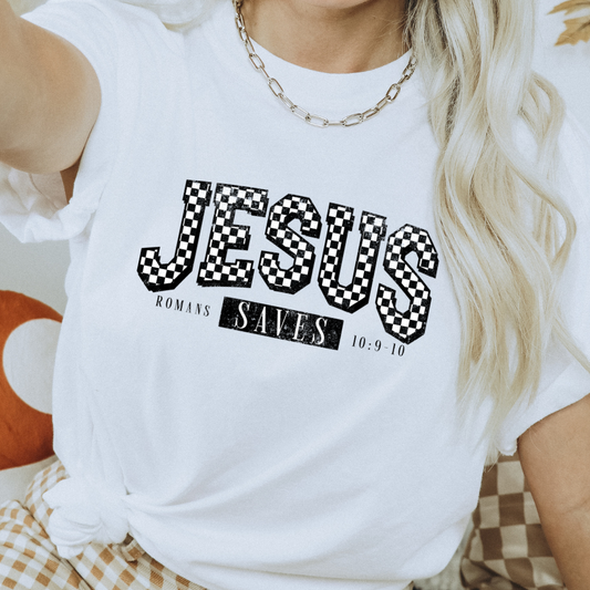 Jesus Saves Checkered Christian Adult Graphic Tee