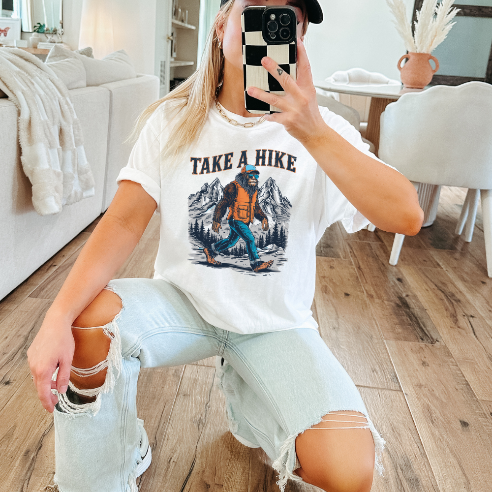 Take a Hike Bigfoot Outdoorsy Adult Graphic Tee