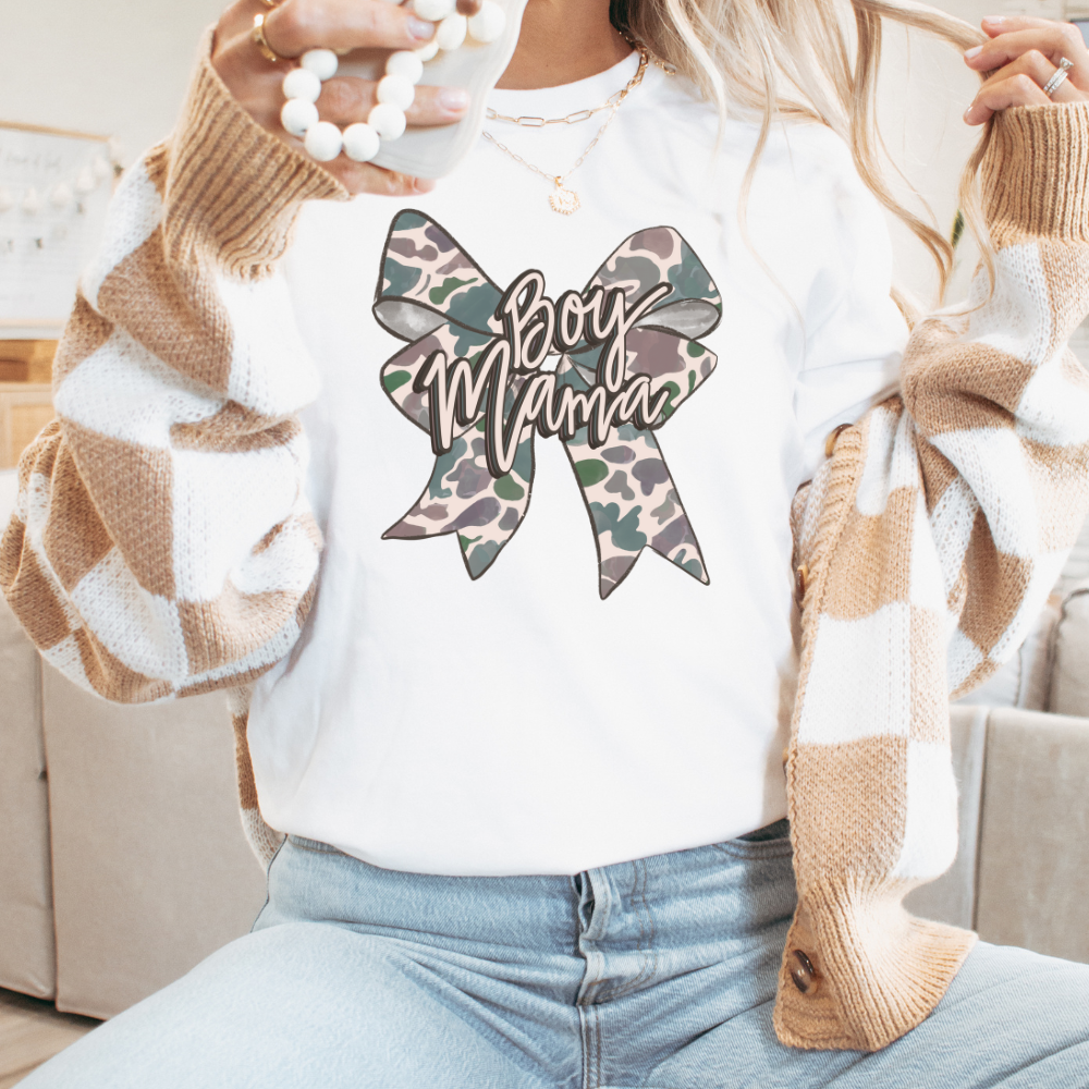 Boy Mama Camo Bow Adult Graphic Tee