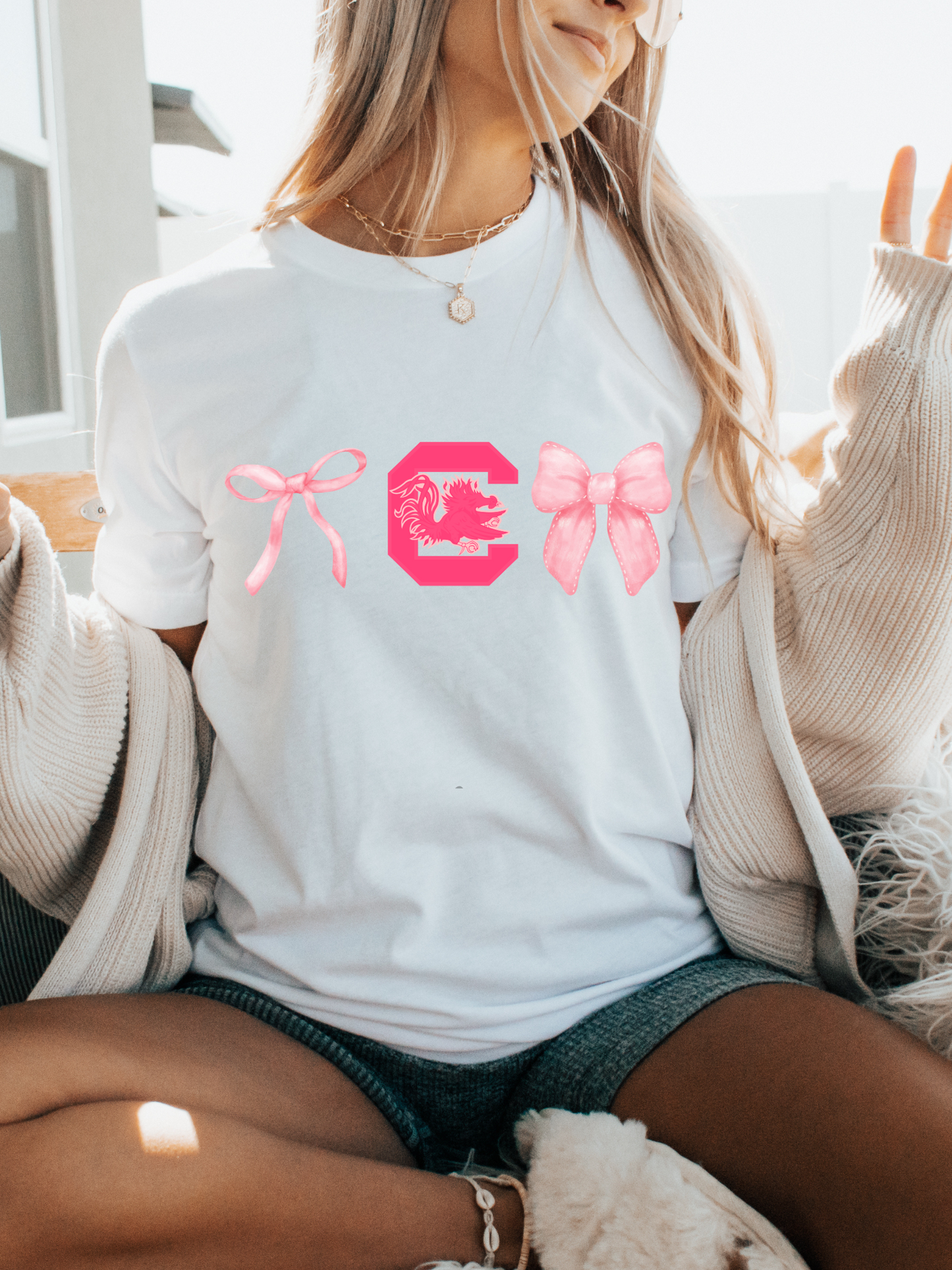 South Carolina Gamecock Pink Bows Adult Graphic Tee (Pink)