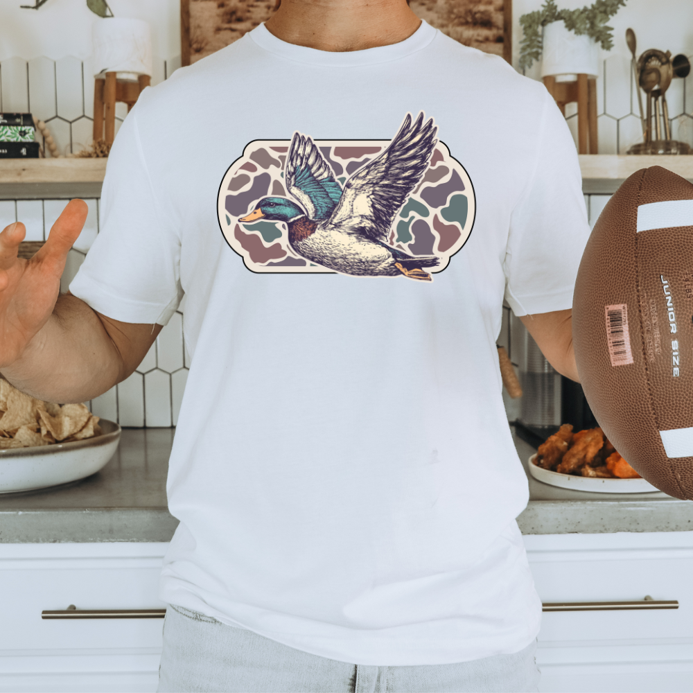 Camo Flying Mallard Duck Adult Graphic Tee
