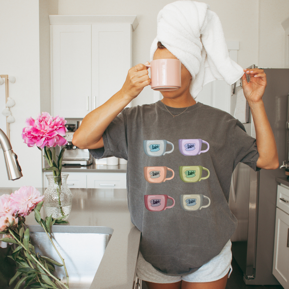 Luke's Colorful Coffee Cups Gilmore Girls Adult Graphic Tee