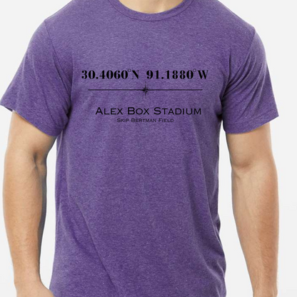 Alex Box Skip Bertman Stadium Coordinates Louisiana Baseball (Black) Adult Graphic T-Shirt