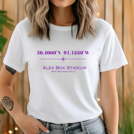 Alex Box Skip Bertman Stadium Coordinates Louisiana Baseball (Purple) Adult Graphic T-Shirt