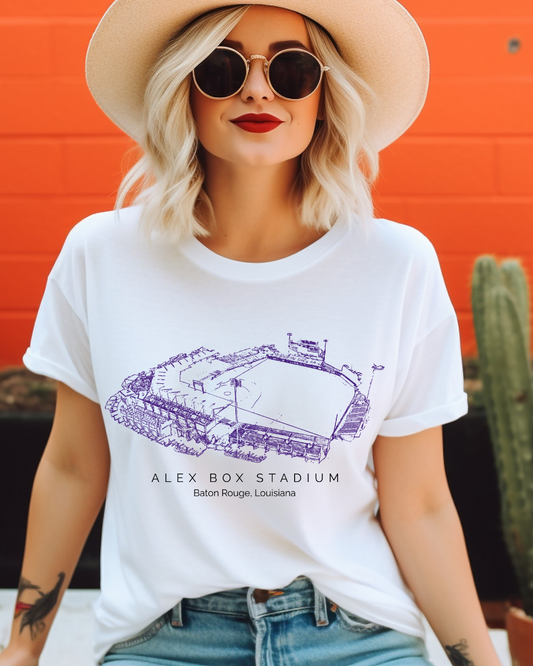 Alex Box Stadium Louisiana (Purple) Adult Graphic T-Shirt
