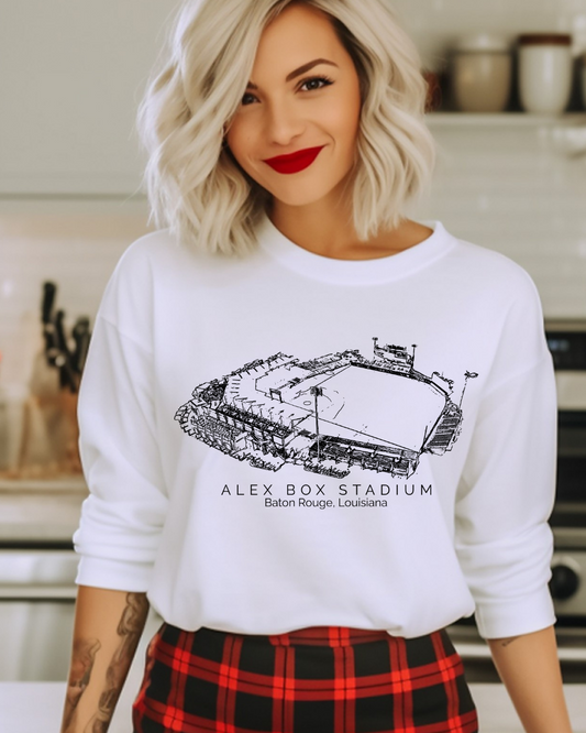 Alex Box Stadium (Black) Louisiana Baseball Adult Graphic Crewneck Pullover
