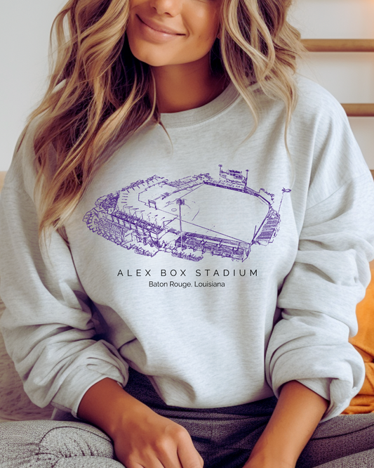 Alex Box Stadium (Purple) Louisiana Baseball Adult Graphic Crewneck Pullover