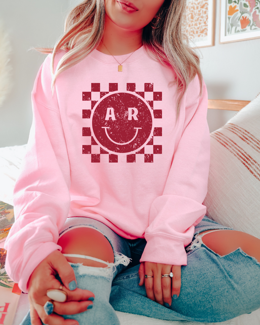 Arkansas Checkerboard Smiley Distressed Adult Graphic Crewneck Pullover