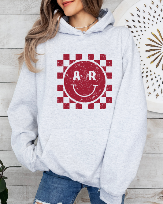 Arkansas Checkerboard Smiley Distressed Adult Graphic Hoodie