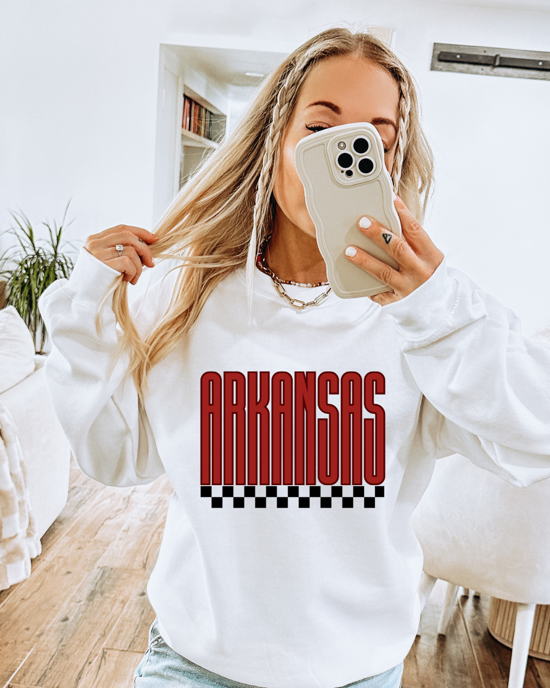 Arkansas Large Print Checkered Adult Graphic Crewneck Pullover