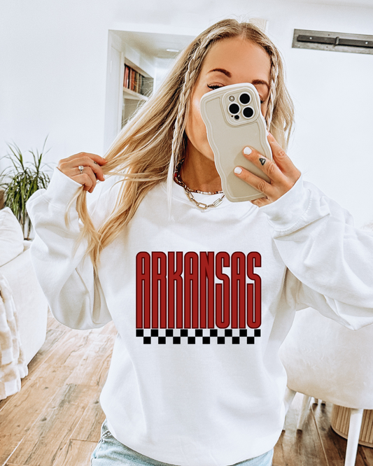 Arkansas Large Print Checkered Adult Graphic Crewneck Pullover