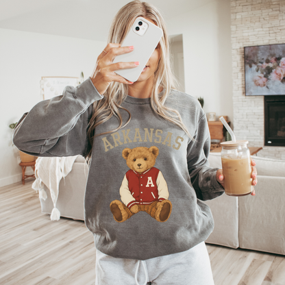 Arkansas Teddy Bear Letterman Adult Graphic Crewneck Pullover