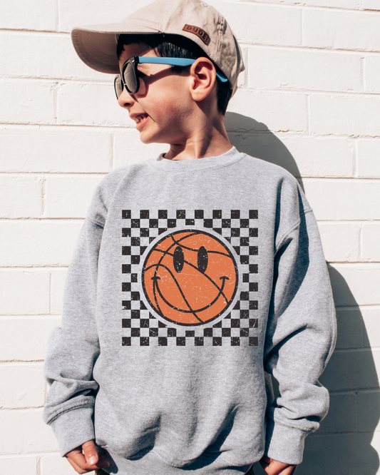 Checkered Distressed Basketball Youth Crewneck Pullover