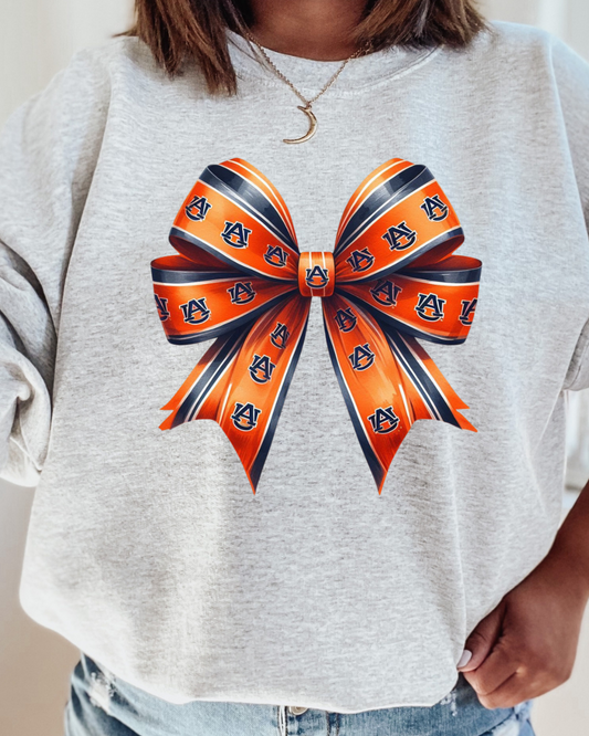 Auburn Orange and Blue Bow Adult Graphic Crewneck Pullover