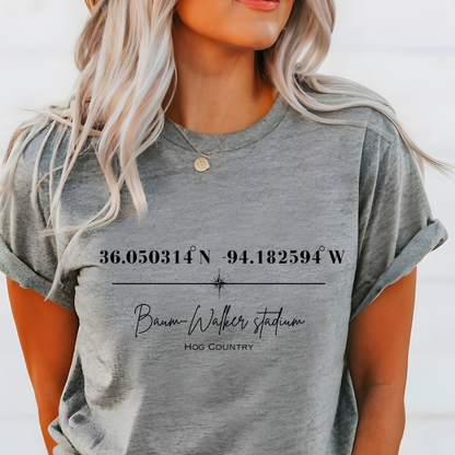 Baum-Walker Stadium Coordinates Arkansas Razorback Baseball (Black) Adult Graphic T-Shirt