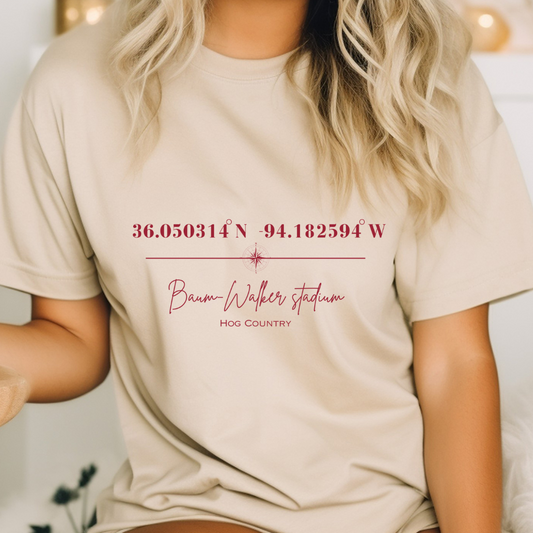 Baum-Walker Stadium Coordinates Arkansas Razorback Baseball (Red) Adult Graphic T-Shirt